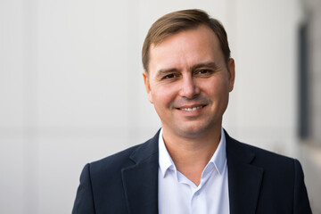 Confident adult businessman in suit stays outdoors and smiles in front of camera. Serious male office worker stands looking in camera