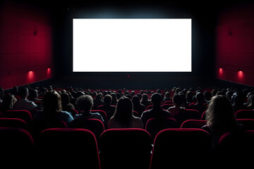 Fototapeta na wymiar empty movie theatre screen mock up, modern cinema with people on red seats