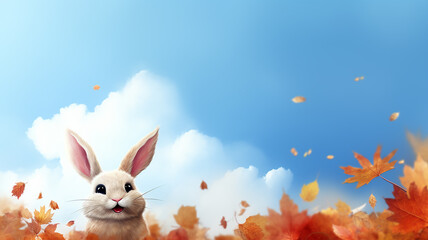 Fototapeta premium plush rabbit toy cartoon autumn leaves background leaf fall abstract generated hare blank calendar yellow leaves on sky background,