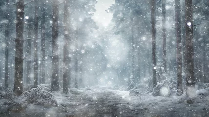 Fototapeten background landscape snowfall in foggy forest, winter view, blurred forest in snowfall with copy space © kichigin19