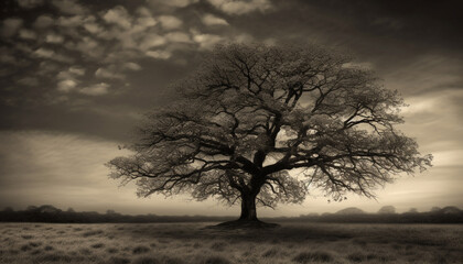 Silhouette of an old tree in a spooky, lonely meadow generated by AI