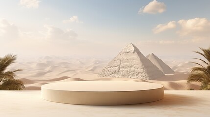 White marble stone podium product display with pyramid and desert as background.