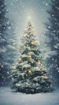 Christmas background with decorated pine tree and christmas gifts, looping video animation, vertical video