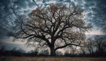 Silhouette of tree branch against dark sky, nature spooky beauty generated by AI