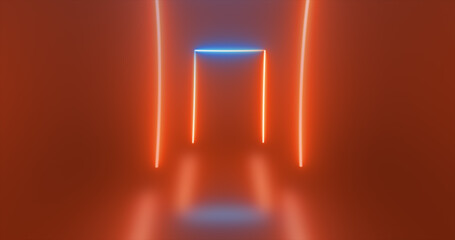 Abstract rectangular tunnel neon orange energy glowing from lines background