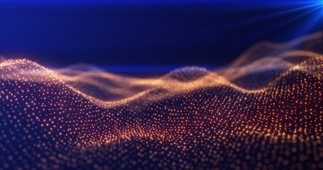 Abstract yellow orange energy waves from futuristic hi-tech particles glowing background