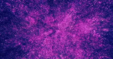 Abstract purple background of small round bokeh particles, beautiful holiday snowflakes, magical snow, energetic bright glowing cosmic stars