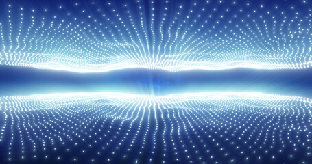 Abstract blue energy waves from particles above and below the screen magical bright glowing futuristic hi-tech background