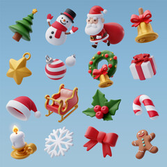 Collection of 3d Christmas icons, Merry Christmas and Happy new year concept.