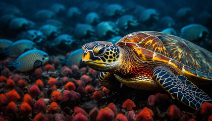Fototapeta premium Underwater beauty turtle swimming in vibrant coral reef generated by AI