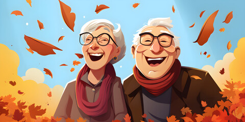colourful cartoon illustration of happy retired senior couple