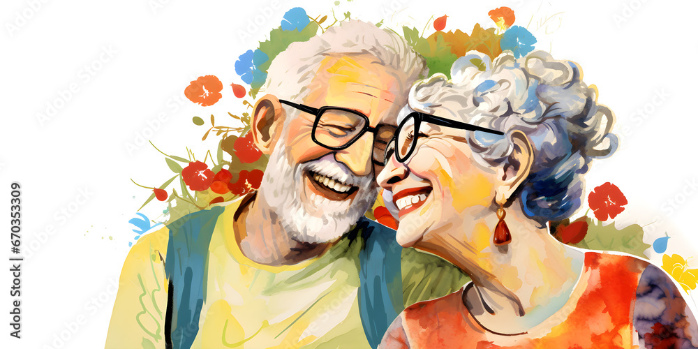 Canvas Prints colourful ink illustration of happy retired senior couple