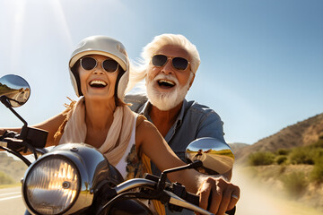 Naklejka premium Close up view of a senior couple riding a motorbike on a sunny summer day on open road