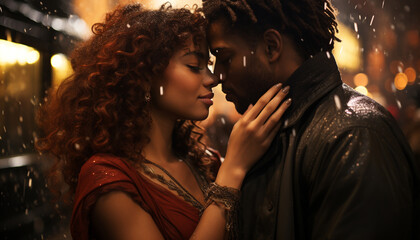 Young couple embracing, smiling, enjoying nightlife, in a beautiful city generated by AI