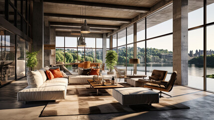 Fototapeta premium Interior of modern living room with panoramic view of mountains