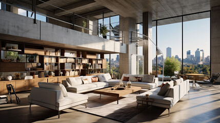 Interior of modern living room with panoramic view of mountains