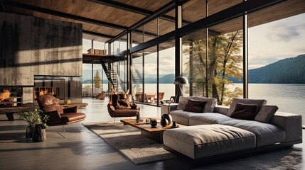 Interior of modern living room with panoramic view of mountains