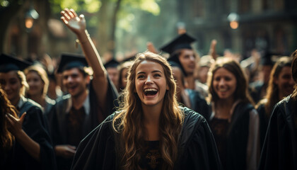 Fototapeta premium Young adults celebrating success, cheerful group of people, outdoors enjoyment generated by AI