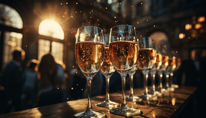 Nightclub celebration men and women toast with champagne outdoors generated by AI