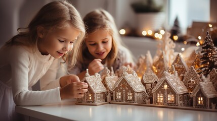 Children decorate gingerbread traditional Christmas houses at home, waiting for the holiday
