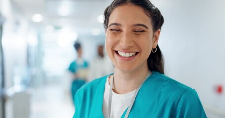 Happy woman, doctor and smile at hospital for medical support or career ambition in hallway. Portrait of female person, nurse or healthcare professional for care, health advice or nursing at clinic - Powered by Adobe