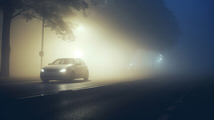 autumn fog on a wet night road in the headlights of a car, autumn dangerous driving weather, fog in the light of a car