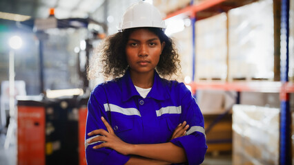 Beautiful african woman and happy professional worker wearing safety hard hat, Smiling to camera. Big warehouse with shelves full of stock