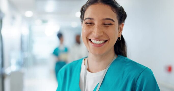 Happy woman, doctor and smile at hospital for medical support or career ambition in hallway. Portrait of female person, nurse or healthcare professional for care, health advice or nursing at clinic