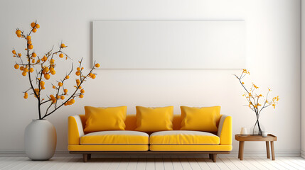 luxury modern living room with yellow sofa and white wall and canvas