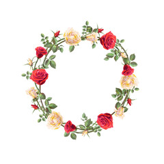White and Red Roses Wreath Hand Drawn Pencil Illustration Isolated on White