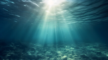 Fototapeta na wymiar underwater scene with rays of light and sun, Underwater sea in blue sunlight