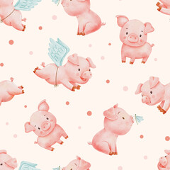 Seamless pattern with cute watercolor piglet character on beige background. Funny farm animal pig with wings for textiles or fabric for newborns.