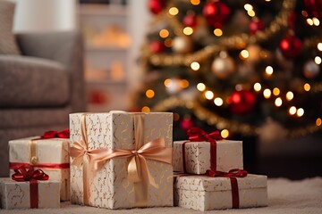 a cozy living room, gift boxes on the floor, with beautiful Christmas tree background