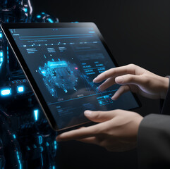 Laptop, ai, virtual reality, robot, augmented reality, 3d, illustration (Generative AI)