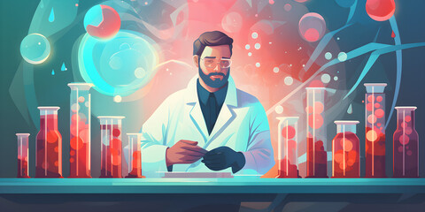 illustration of scientist holding medical testing tubes or vials of medical pharmaceutical research with blood cells and virus cure using DNA genome sequencing biotechnology