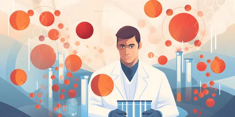 Fotobehang illustration of scientist holding medical testing tubes or vials of medical pharmaceutical research with blood cells and virus cure using DNA genome sequencing biotechnology © sam