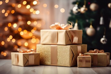 a cozy living room, gift boxes on the floor, with beautiful Christmas tree background