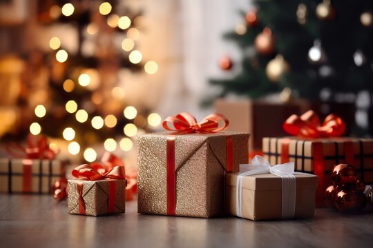 a cozy living room, gift boxes on the floor, with beautiful Christmas tree background