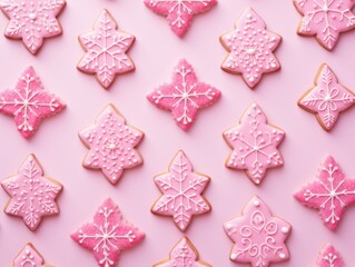 Gingerbread with pink icing. A treat for Christmas. Flat lay.