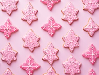 Gingerbread with pink icing. A treat for Christmas. Flat lay.