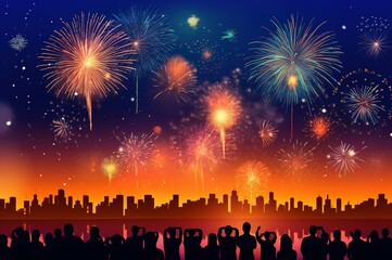 A silhouette of a city with people full of Happy New Year celebrations with colorful fireworks at night.