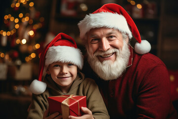Fototapeta na wymiar a man wearing santa hat and gift to child