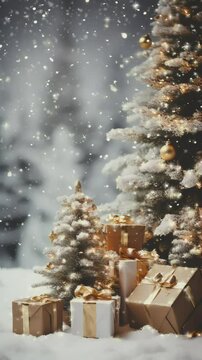 Christmas background with decorated pine tree and christmas gifts, looping video animation, vertical video