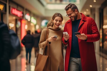 Happy couple using smartphones and shopping bags in mall - Powered by Adobe