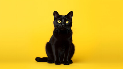 black cat on yellow background with copy space