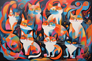 nine cats of strong, colorful color. Generative AI.