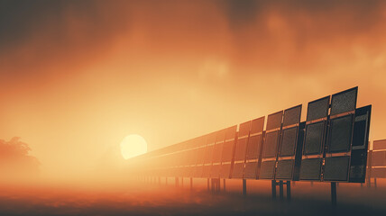 solar panels in the fog at sunset, the technology of the future futuristic landscape renewable energy