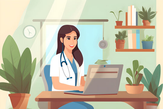 illustration of Female doctor therapist consulting older senior patient via virtual video call visit using laptop computer. Digital online healthcare, distance telemedicine. Telehealth videocall