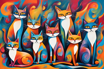 Eight cats in intense and colorful colors. Generative AI. 