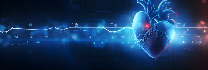 illustration of futuristic medical research or heart cardiology health care with diagnosis info graphic biometrics for clinical and hospital services as wide banner with copy space area
